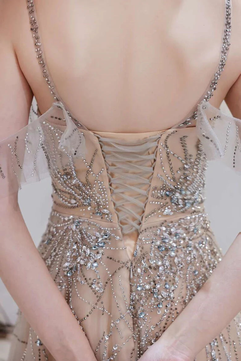 Gray Tulle A-line Spaghetti Straps Beaded Long Prom Dress